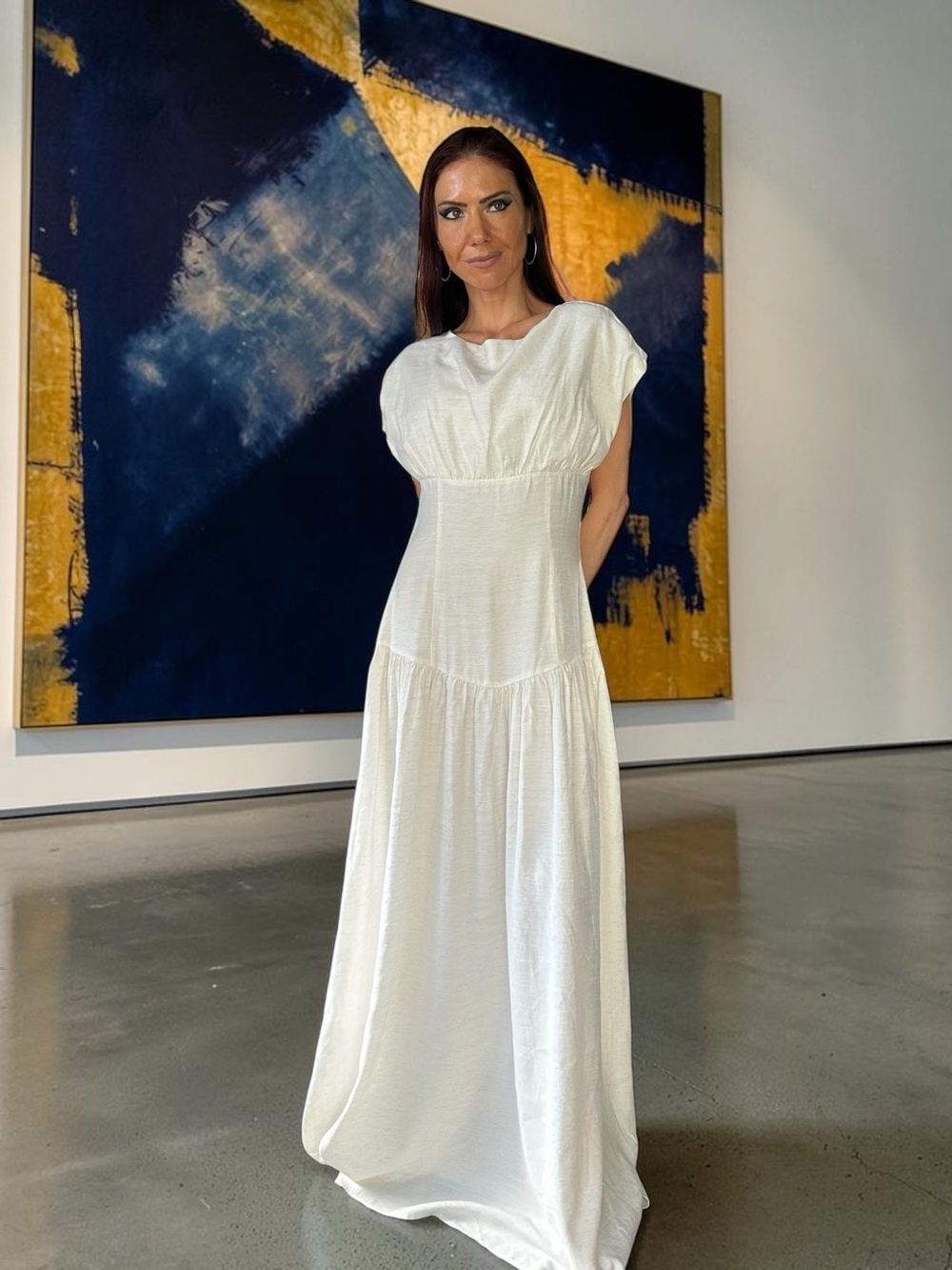 Modernaire Odessa Cap-Sleeve Maxi Dress White Lace-Up Back Women’s Size L NWT